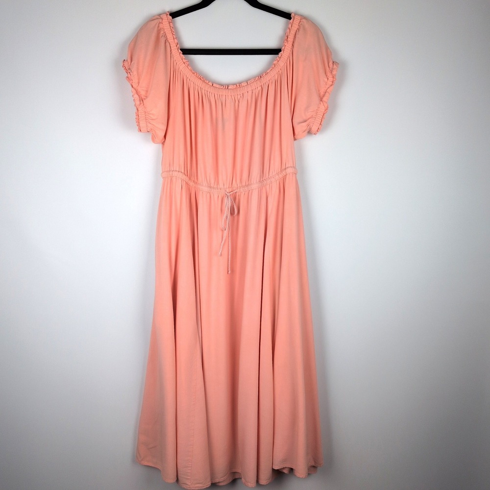 Torrid Womens 2X Peach Midi Dress Off Shoulder Ruffle Drawstring Tassel Pockets
